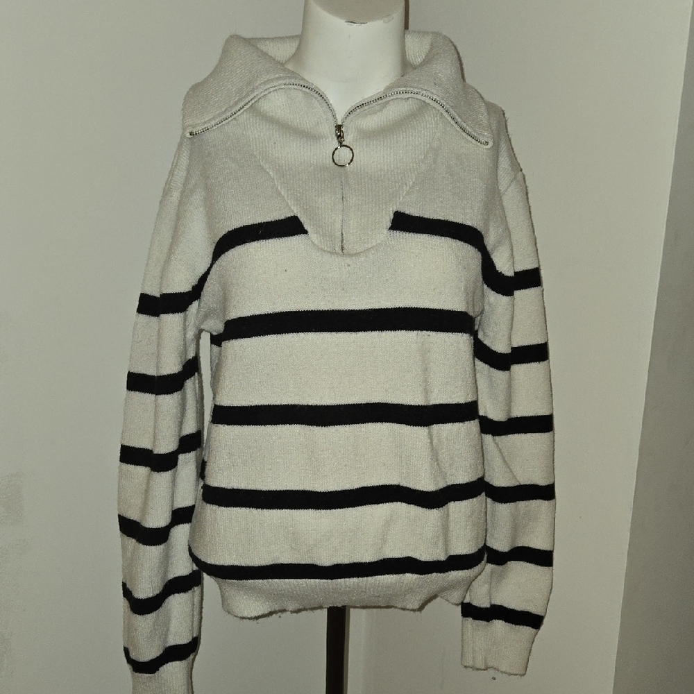 SHEIN Black and Cream Striped Turtleneck Sweater